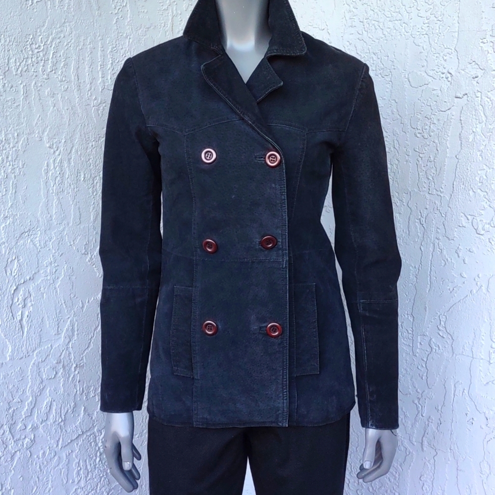 BEYONDSPORT CALIFORNIA LADIES BLACK DOUBLE BREASTED GENUINE SUEDE PEACOAT
